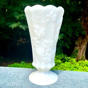 Vintage milk glass vase with grape and floral pattern, scalloped top